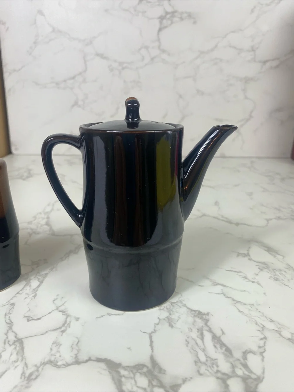 Vintage Japanese 70s Soy Sauce Pitcher and Salt and Pepper Shaker brown Glaze